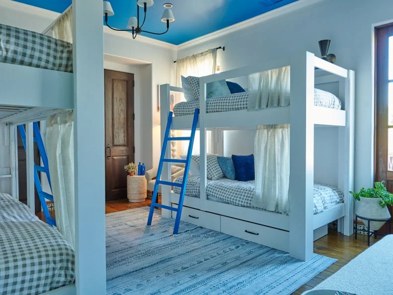 Beauty shot of the completed Santorini Bunk Bed room, as seen on Bachelor Mansion Takeover Season 1.