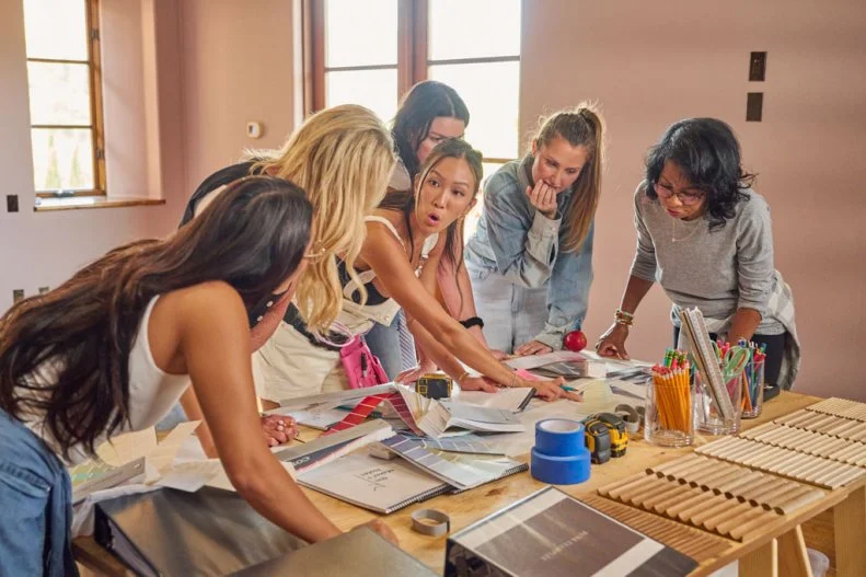 Bachelor Mansion Takeover's female team  Tammy Ly, Joan Vassos, Allyshia Gupta, Courtney Robertson, Sandra Mason and Jill Chin planning out their Bunk bed room renovation, as seen on Bachelor Mansion Takeover Season 1.