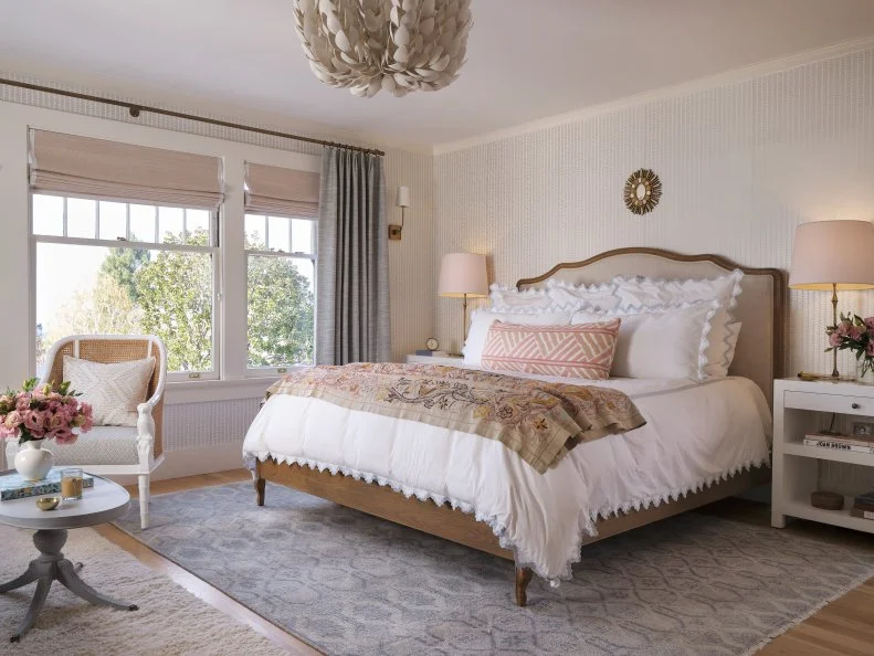 Neutral Main Bedroom With Subtly Striped Wallpaper