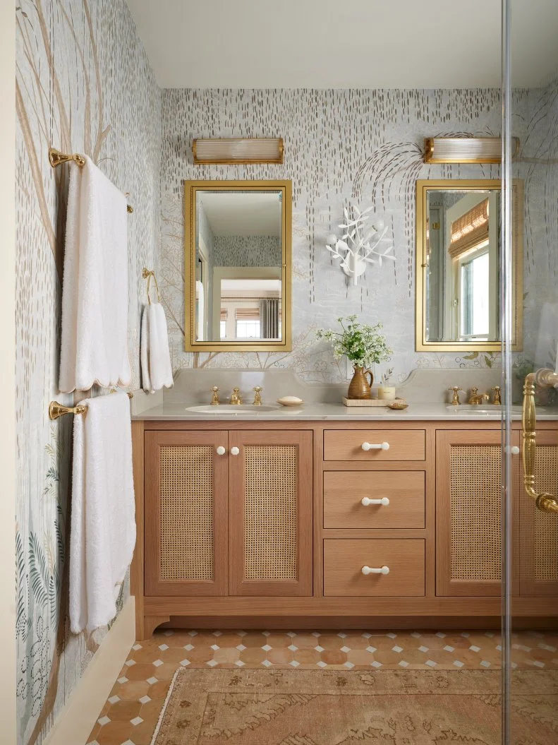Main Bathroom With Oak Vanity and Whimsical Wallpaper