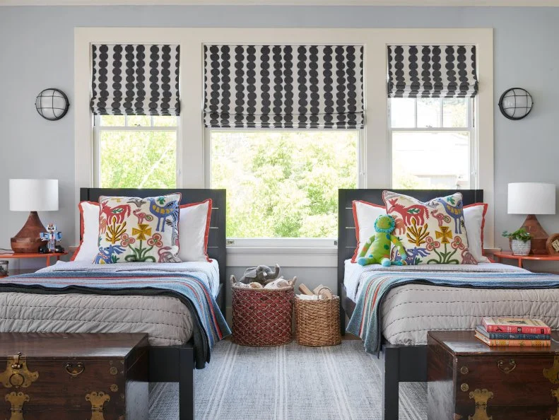 Gray Shared Bedroom for Brothers With Custom Patterned Window Shades