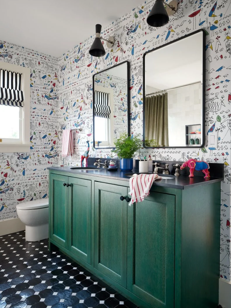 Shared Kids' Bathroom for Two Boys With Green Vanity and Wallpaper