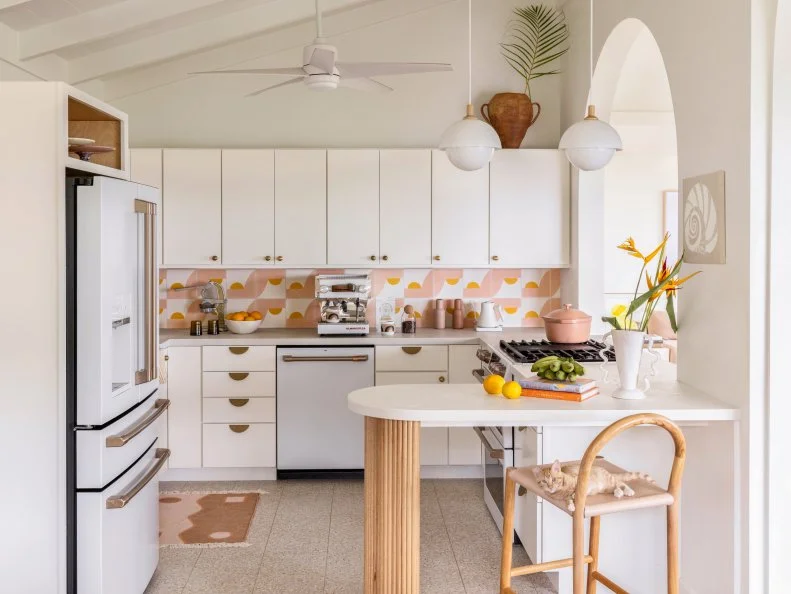 White Kitchen With Pink and Yellow Backsplash Tiles