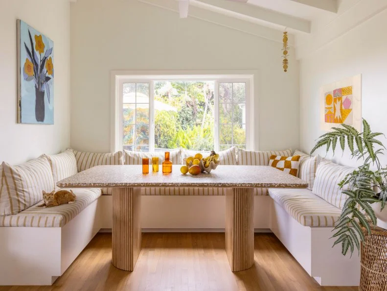 White Breakfast Nook With Custom Striped Bench Seating