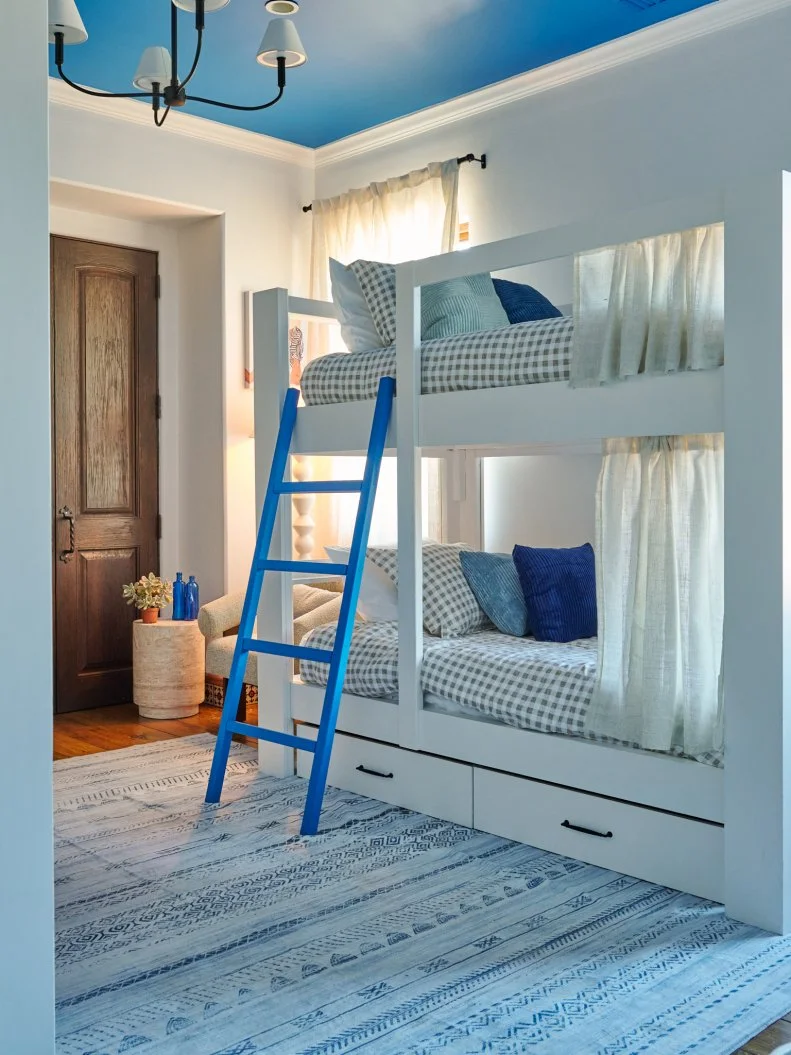 Beauty shot of the completed Santorini Bunk Bed room, as seen on Bachelor Mansion Takeover Season 1.