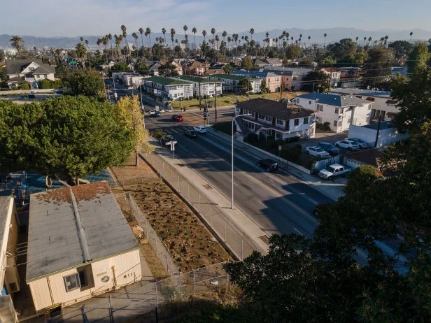 An aerial view of an urban school with a newly planted pocket forest in front.