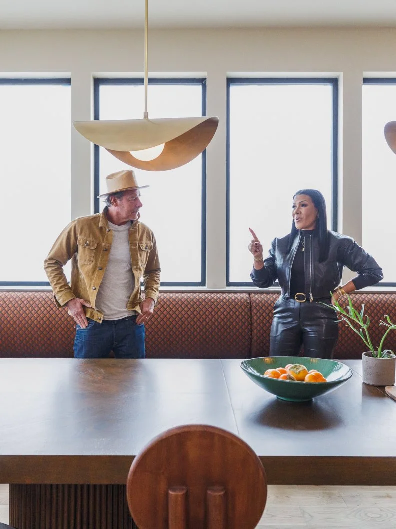 Host Ty Pennington and Guest Judge Page Turner review Team Kim Wolfe and Chelsea Meissner's Dining Room, as seen on Rock the Block, Season 7.