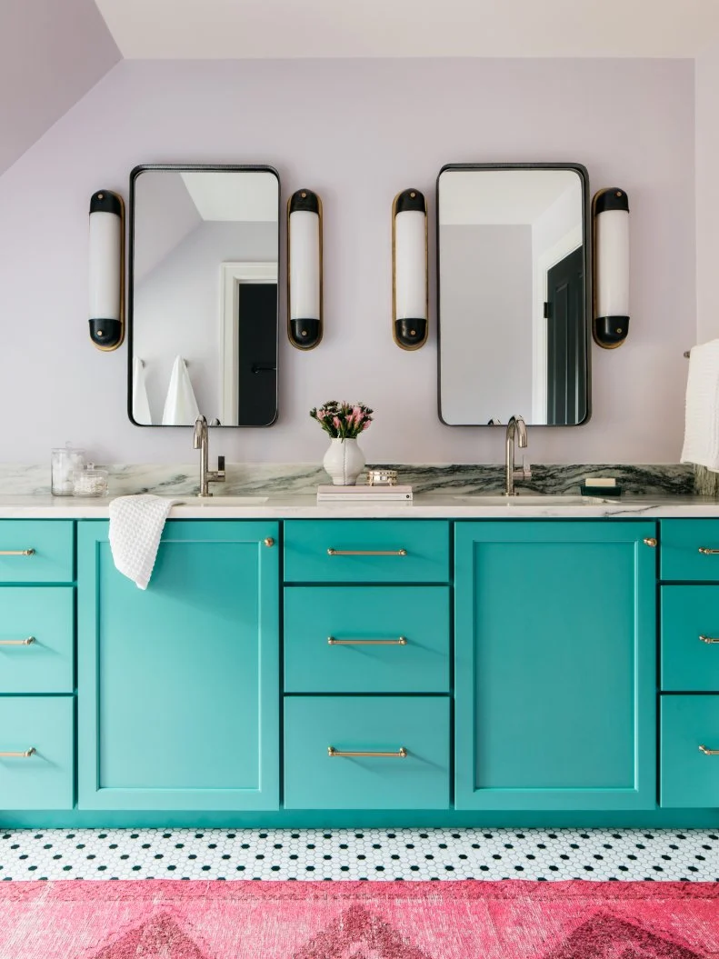 Contemporary Kids' Bathroom With Aqua Vanity and Pink Rug