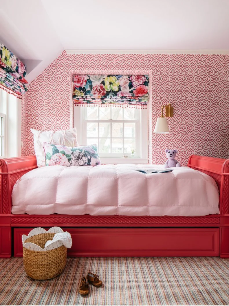 Red Kid's Bedroom With Painted Bed, Wallpaper and Floral Shades