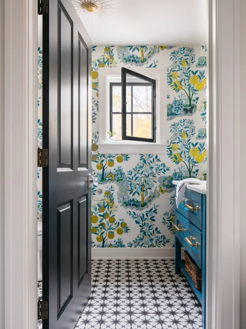 Half Bathroom With Citrus-Print Wallpaper