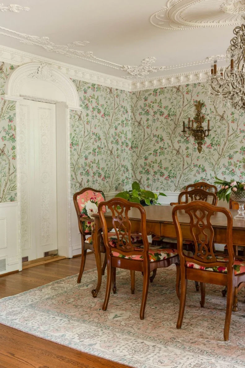 Lindsey traveled to Boston to source identical versions of her grandmother's dining room chairs and used a big floral pattern to give them new life.