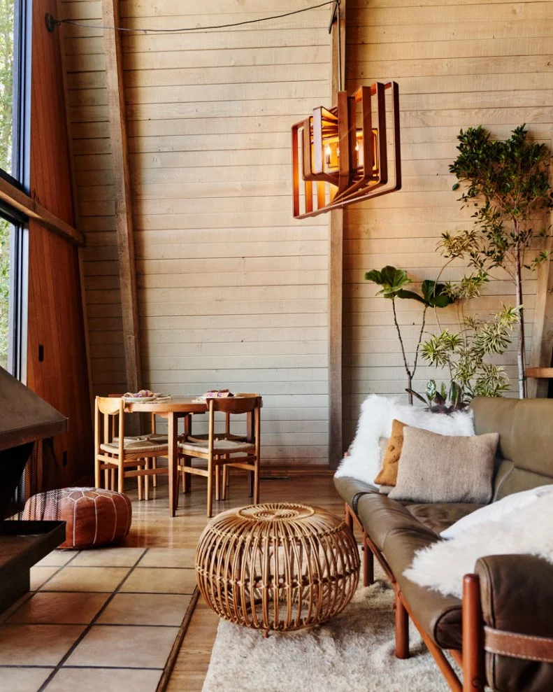 Rustic Living Room With Leather Pouf