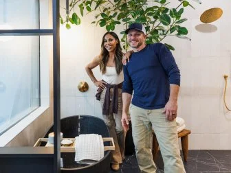 Team Taniya Nayak and Drew Lachey's Primary Suite - Bathroom, portrait, as seen on Rock the Block, Season 7.