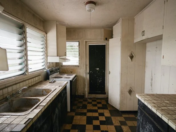 Before 3. The kitchen is cramped with a layer of dust on the counters, as seen on Renovation Aloha, Season 3.