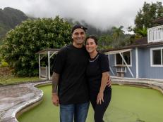Hosts Tristyn and Kamohai Kalama at the Haiku Garden House, as seen on Renovation Aloha, Season 3.