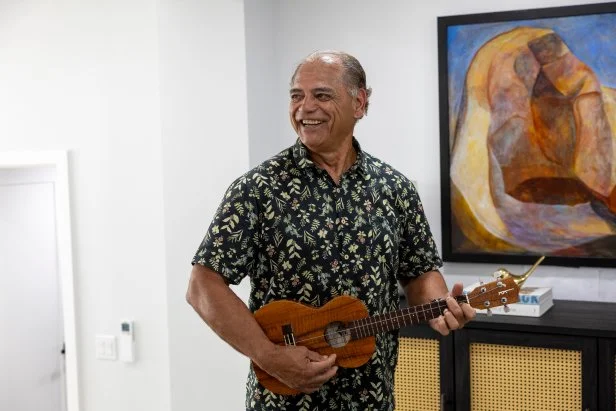 Corbett Kalama performs a Hawaii Blessing at the Green House for Hosts Tristyn and Kamohai Kalama along with the original owners, as seen on Renovation Aloha, Season 3.