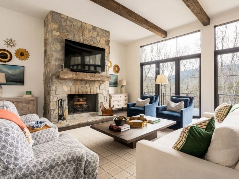 Neutral Living Room With Two Blue Chairs