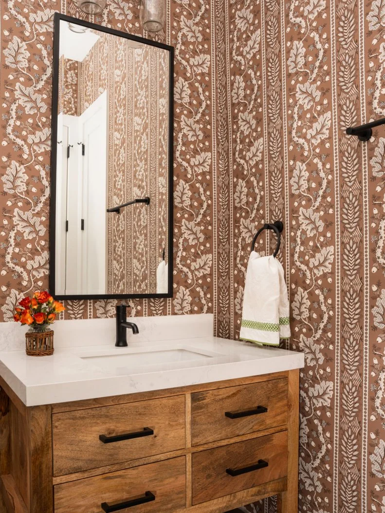 Brown Bathroom With Leafy Wallpaper