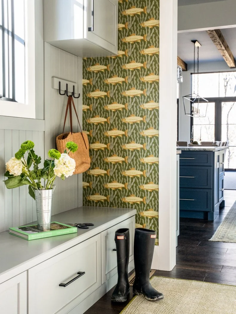 Green Mudroom With Fish Wallpaper