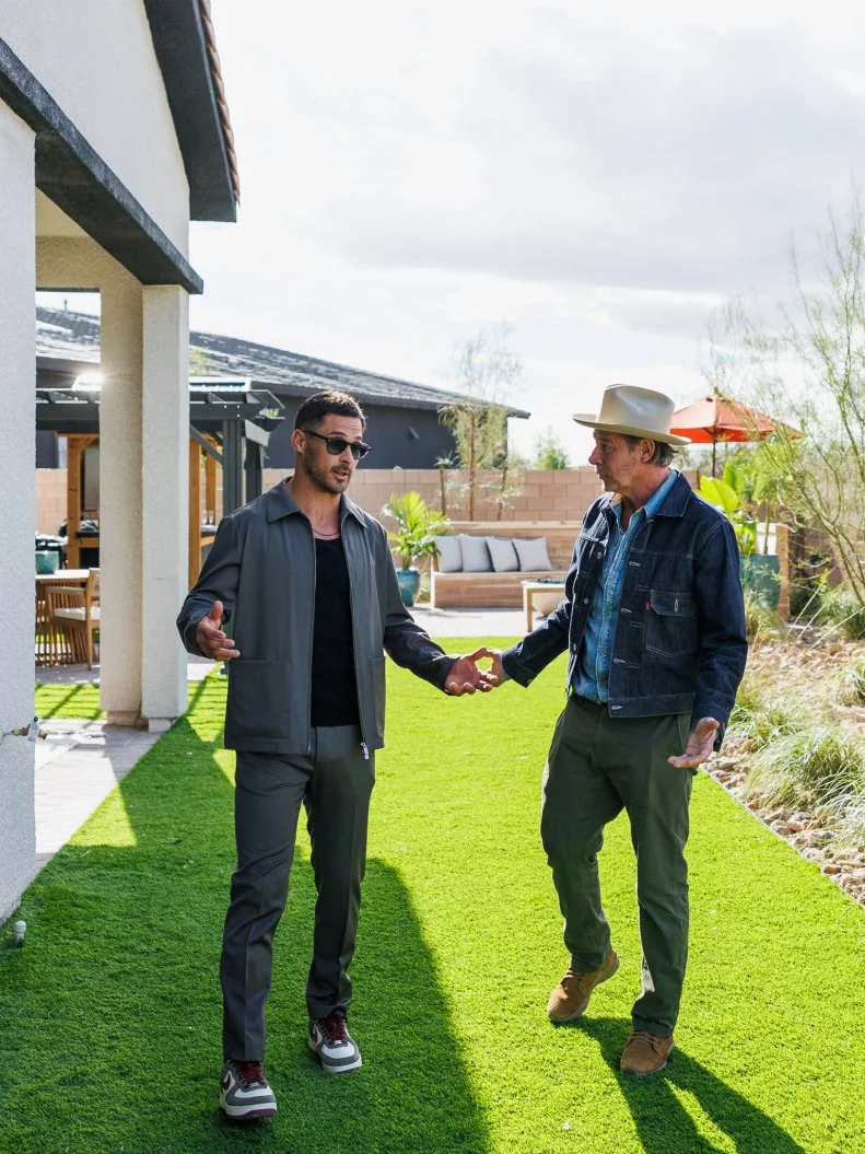 Host Ty Pennington and Danny Amendola review Team Scott McGillivray and Brooke Hogan's Backyard, as seen on Rock the Block, Season 7.