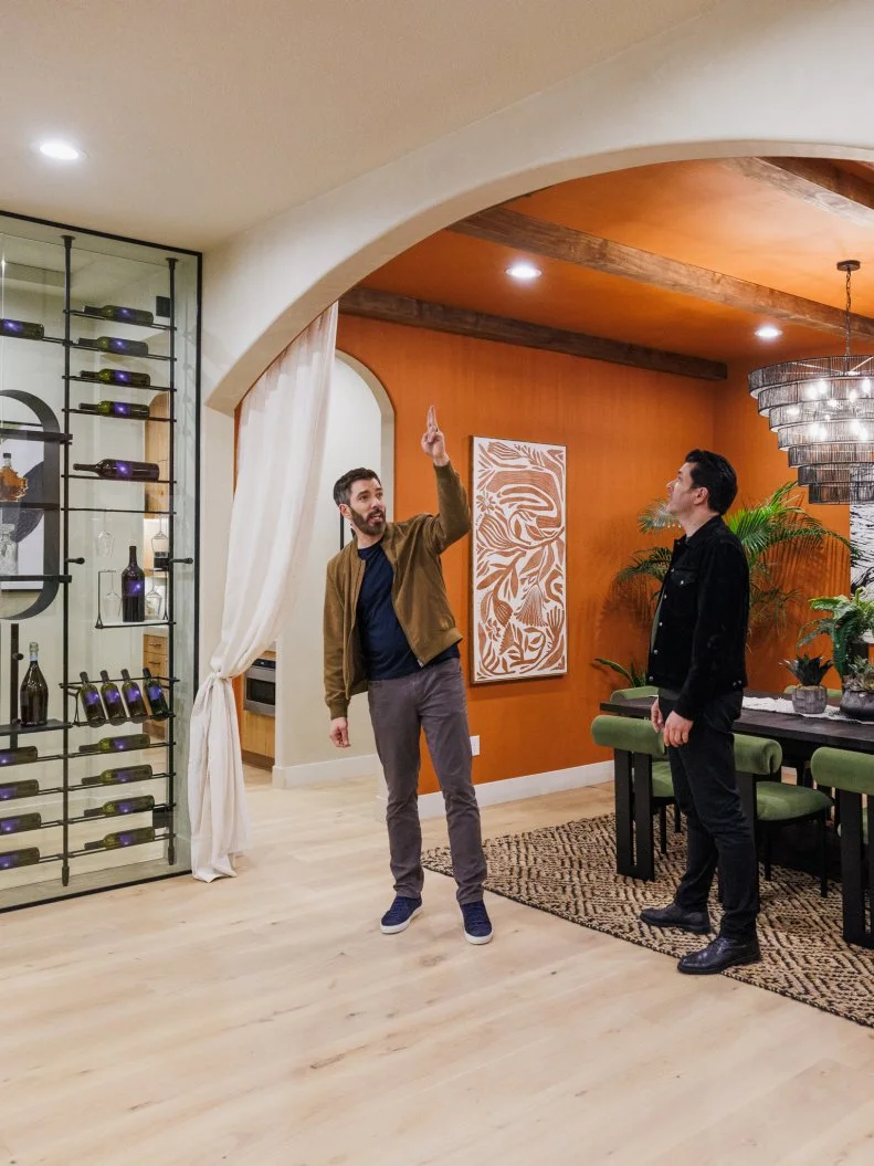 Property Brothers- Jonathan and Drew Scott review Team Scott McGillivray and Brooke Hogan' Dining Room - Den, as seen on Rock the Block, Season 7.