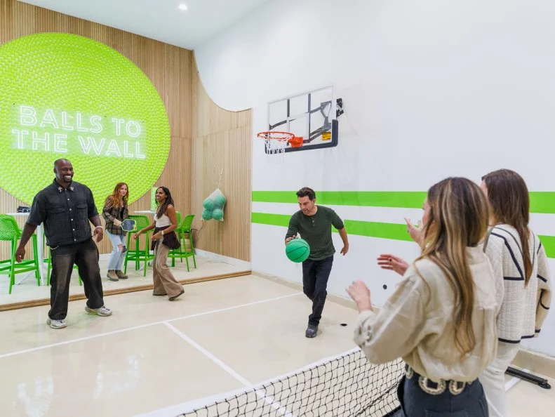 Teams Taniya Nayak and Drew Lachey, Kim Wolfe and Chelsea Meissner, Mina Starsiak Hawk and Vernon Davis first look at Scott McGillivray and Brooke Hogan's RV Garage, as seen on Rock the Block, Season 7.