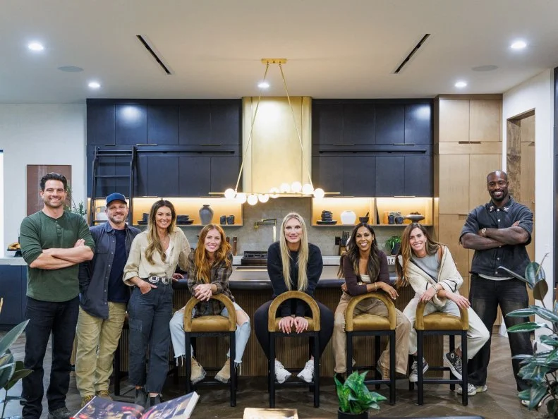 Teams Scott McGillivray and Brooke Hogan, Kim Wolfe and Chelsea Meissner, Mina Starsiak Hawk and Vernon Davis' first look at Team Taniya Nayak and Drew Lachey's Kitchen, portrait, as seen on Rock the Block, Season 7.