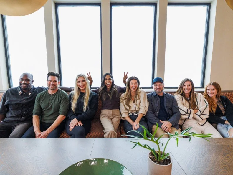 Taniya Nayak and Drew Lachey, Scott McGillivray and Brooke Hogan, Mina Starsiak Hawk and Vernon Davis' first look at Team Kim Wolfe and Chelsea Meissner's Dining Room, portrait, as seen on Rock the Block, Season 7.