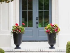 Matching black porch planters with red flowers beside double doors