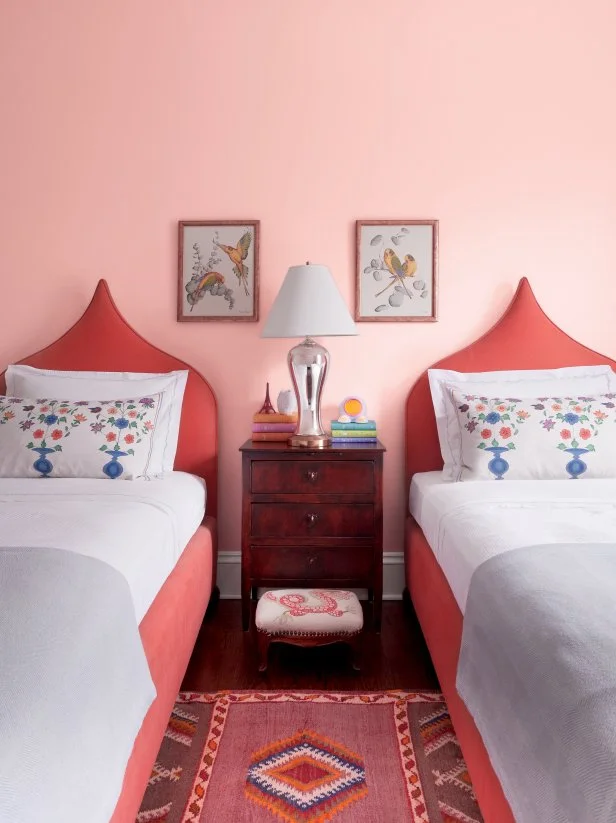 Coral Bedroom With Matching Twin Beds