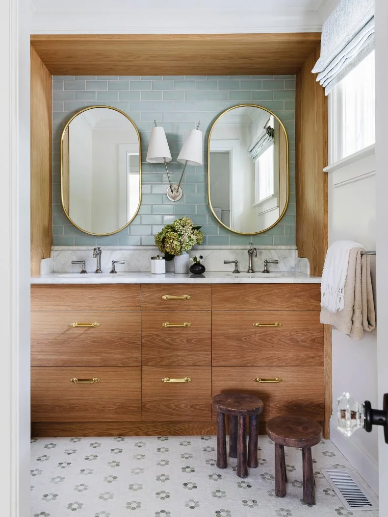 Gray Bathroom With Two Stools