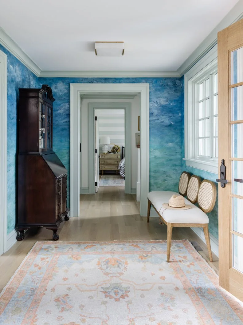 Blue Hallway With Bench