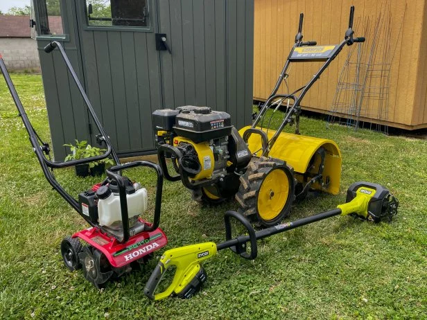 Large, medium and small tiller arranged together on green grass