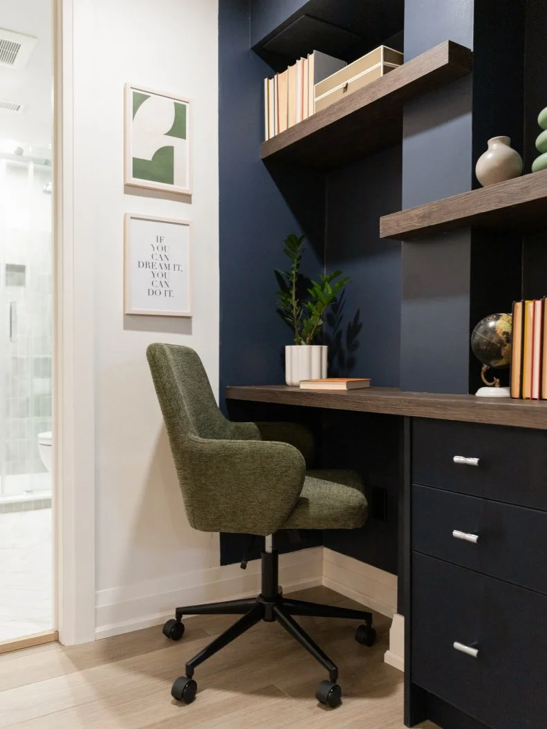 Room 5, family room #4, after, desk nook, custom millwork, matches RM5 B04, as seen on Love It or List It, Season 18