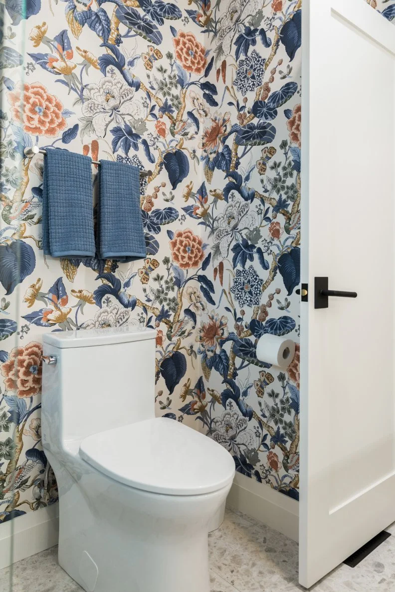 Room 6, bathroom 4, after, updated toilet and wallpaper, as seen on Love It or List It, Season 18