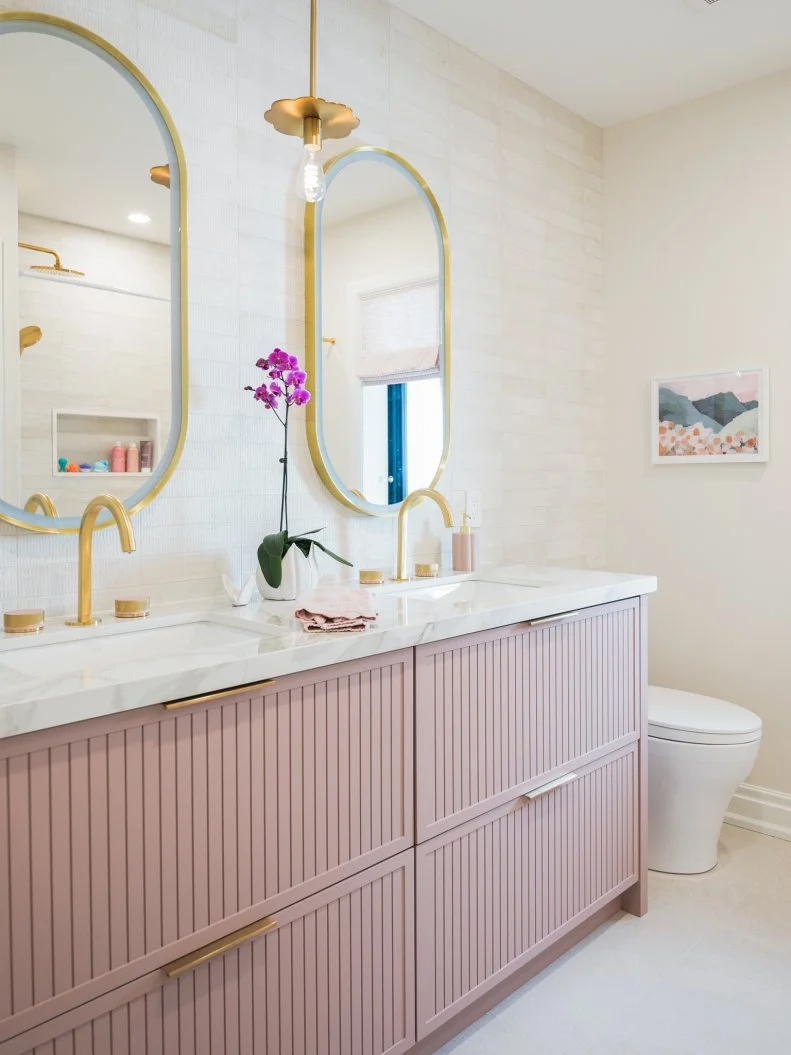 Room 6, kids' bathroom, after, complete demo with new vanity, tile and lighting, matches RM6 B01, as seen on Love It or List It, Season 18