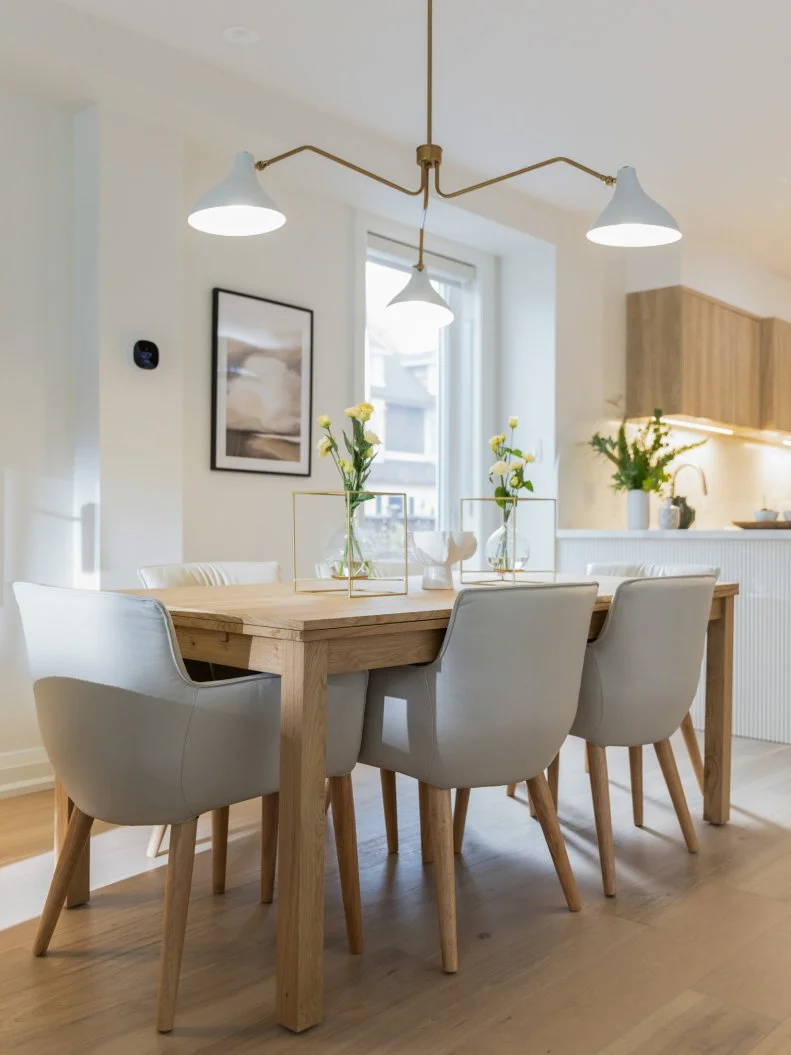 Room 3, dining room 1, after, new chandelier in open concept dining room, as seen on Love It or List It, Season 18
