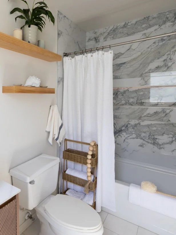 After of Team Sarah Baeumler’s guest bathroom renovation, as seen on Battle on the Beach, Season 5.