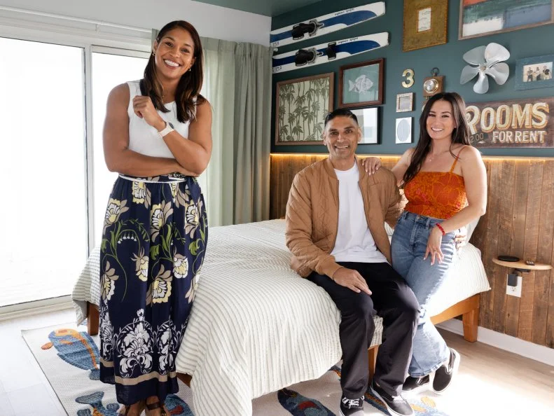 Judges Tristyn and Kamohai Kalama pose in the renovated guest room with mentor Mika Kleinschmidt, as seen on Battle on the Beach, Season 5.