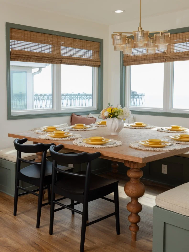 After of Team Ty Pennington’s dining room renovation that included a custom banquette and table, as seen on Battle on the Beach, Season 5.