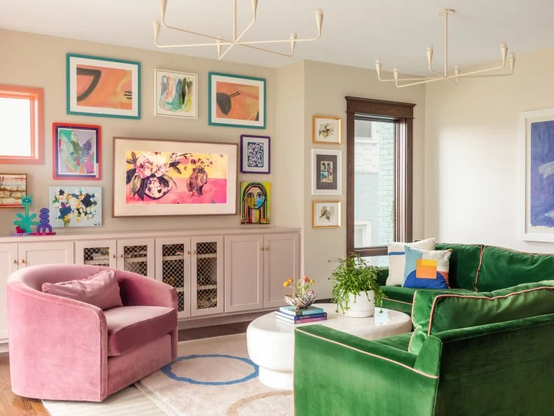 Multicolored Family Room With Green Sofa