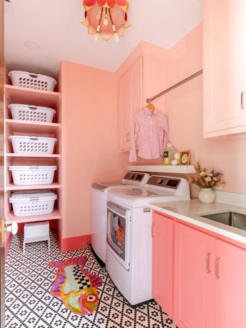 Pink Laundry Room With Penny Tile