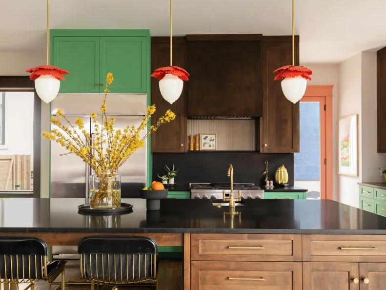 Multicolored Kitchen With Green Cabinets