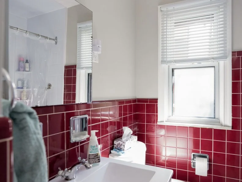 Room 6, kids' bathroom, before, matches RM6 A01, as seen on Love It or List It, Season 18