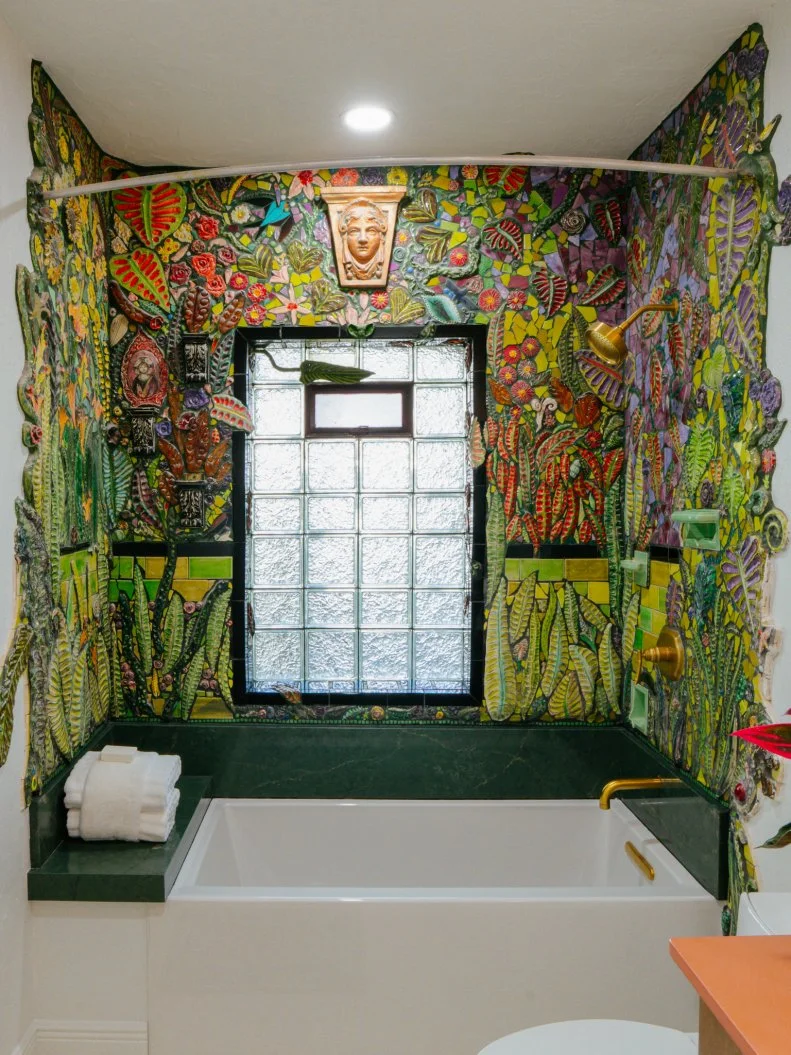 The secondary bathroom of the Gaudy Greek Goddess home, as seen on Ugliest House in America, Season 8.