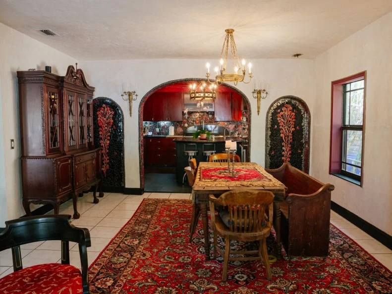 The dining room in the Gaudy Greek Goddess home, as seen on Ugliest House in America, Season 8.