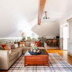 Transitional Neutral Living Room With Plaid Rug