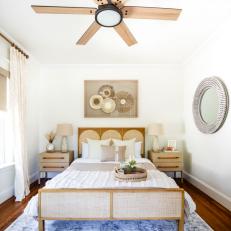 Neutral Transitional Bedroom With Round Tray