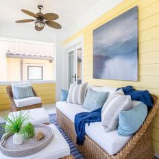Yellow Cottage Porch With Blue Rug