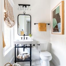 Small White Bathroom With Brown Striped Shade